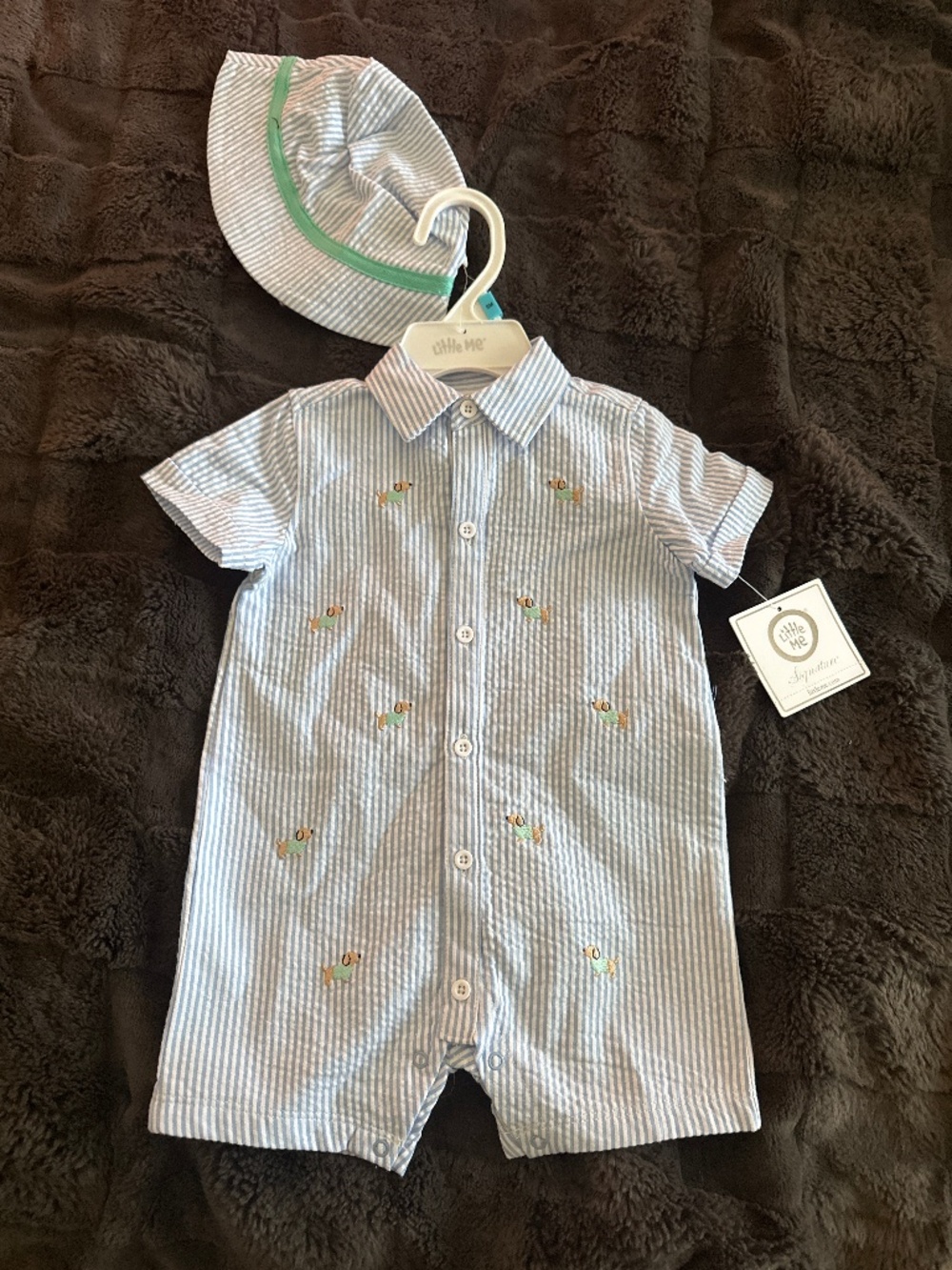 Little Me Baby Boy Blue Seersucker Puppy Romper 6M NWT